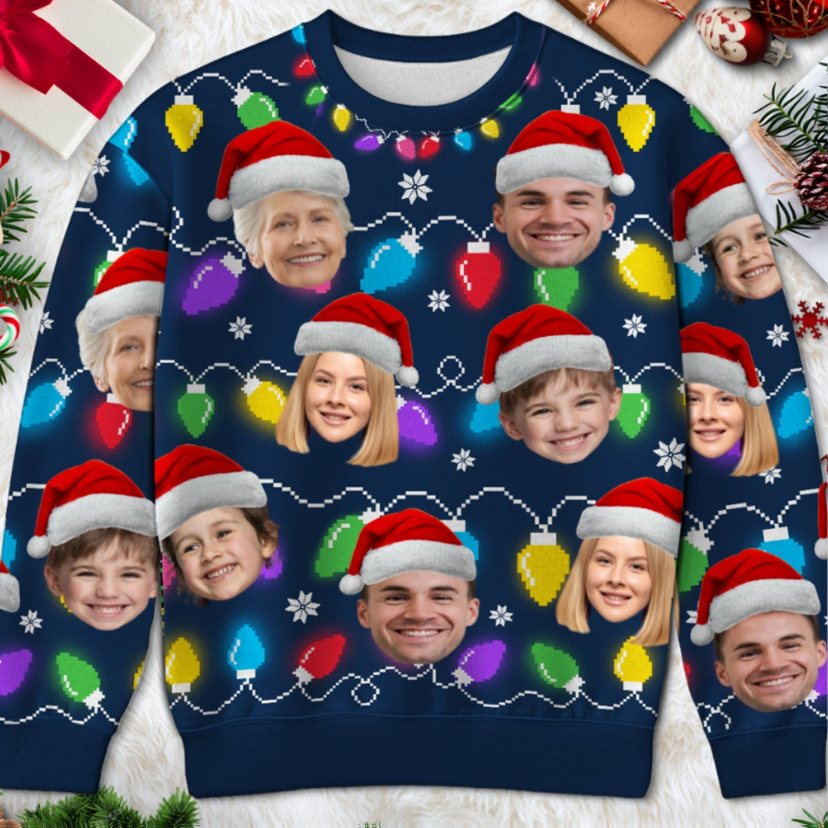 Christmas Light Family Dog Cat Pet Photo Upload Funny Christmas Personalized Faux Knit Ugly Sweater