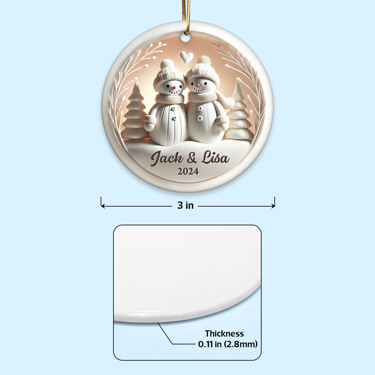 Snowman Couple White Christmas Ceramic Ornament, Personalized Couple 3D Effect Ornament, Christmas Gift For Married Engaged Couples, For Couples