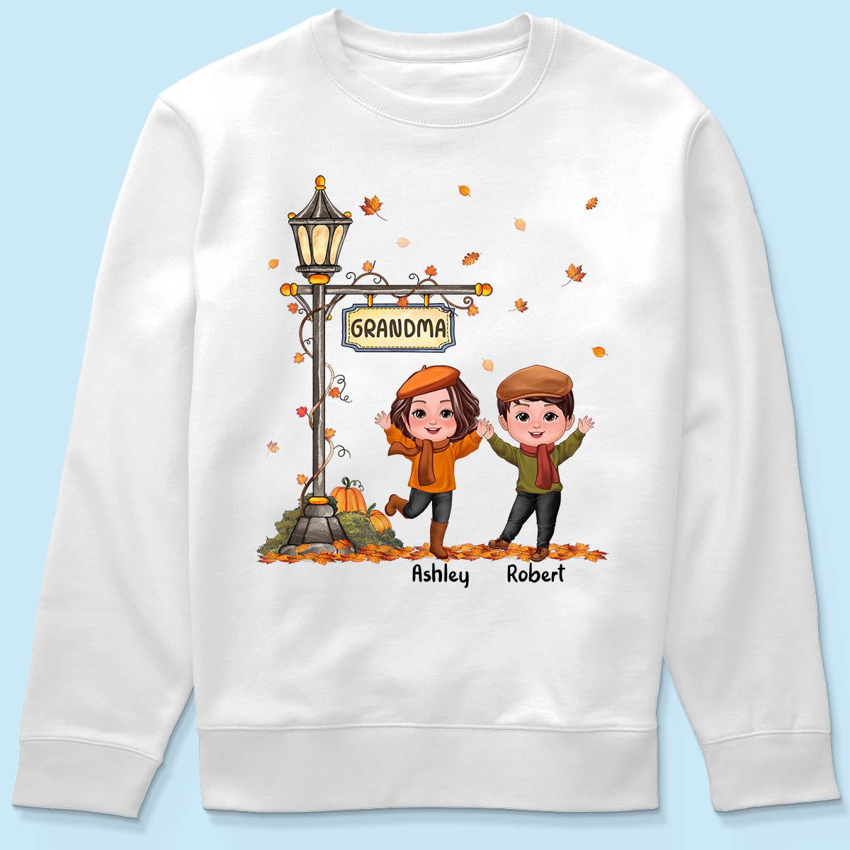 Fall Season Happy Doll Kids Under Lamp Post Personalized Shirt, Fall Season Gift For Grandma