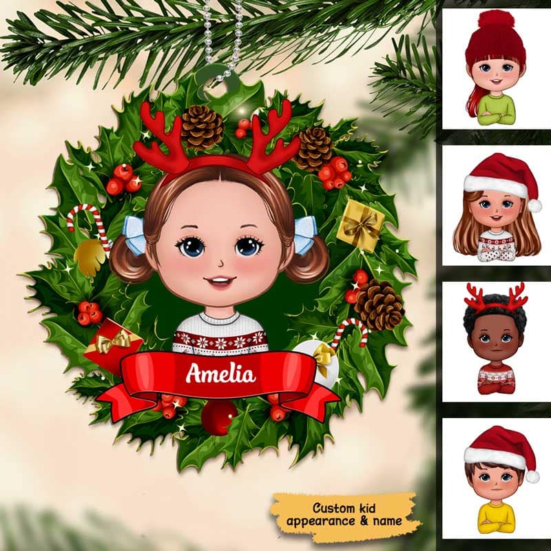Christmas Wreath Doll Kids Personalized Wooden Ornament