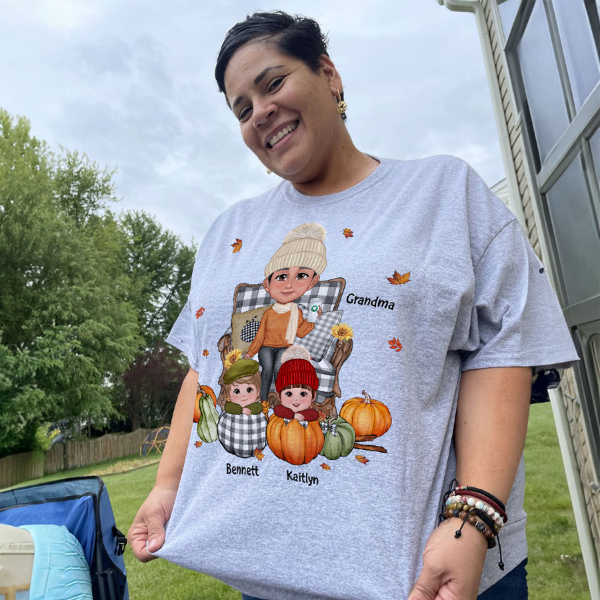 Grandma Sitting On Chair Kids Pumpkin Personalized Shirt, Fall Season Gift For Grandma