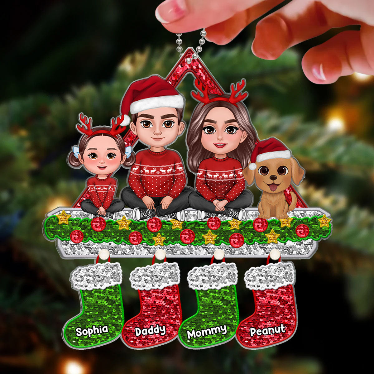 Faux Sequins Family Christmas Stocking Personalized Acrylic Ornament
