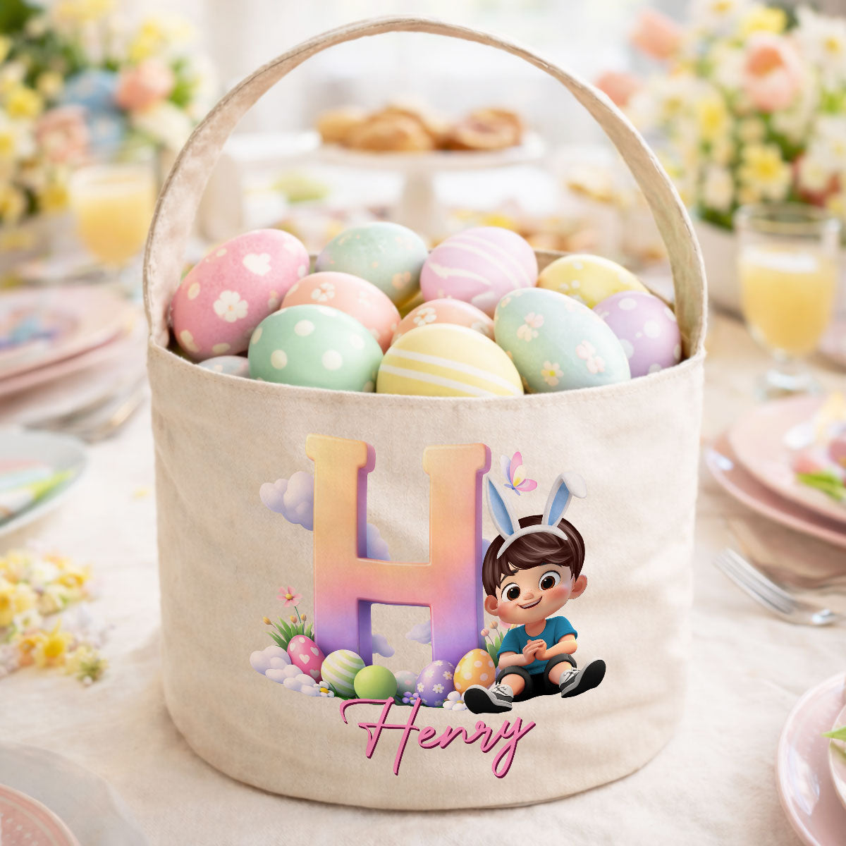 Kids Sitting With Initial Letters Easter Egg Hunt Bag - Personalized Bucket Bag - Gift For Kids, Grandkids, Easter Gift