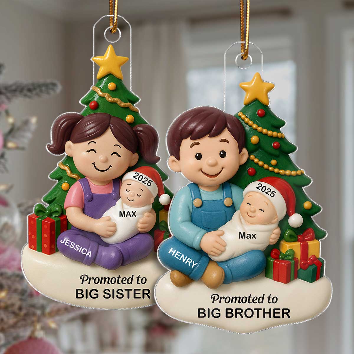Proud New Big Sister Big Brother Under Tree - Personalized Acrylic Ornament - New Big Sibling Christmas Gift