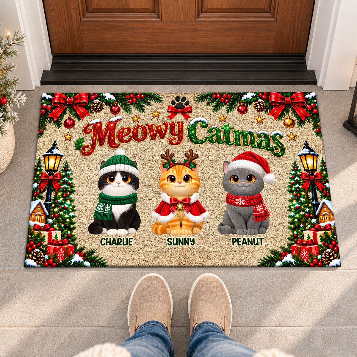 Christmas Meowy Catmas Cute Cats - Personalized Doormat - Christmas Gift For Cat Lovers, Christmas Decor