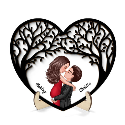 Couple Kissing Under Tree Canopy Heart Personalized 2-layer Wooden Plaque, Gift For Him, For Her