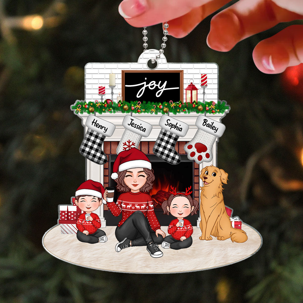 Cute Family Single Dad Mom Kids Dogs Cats Sitting At Christmas Fireplace Personalized Acrylic Ornament