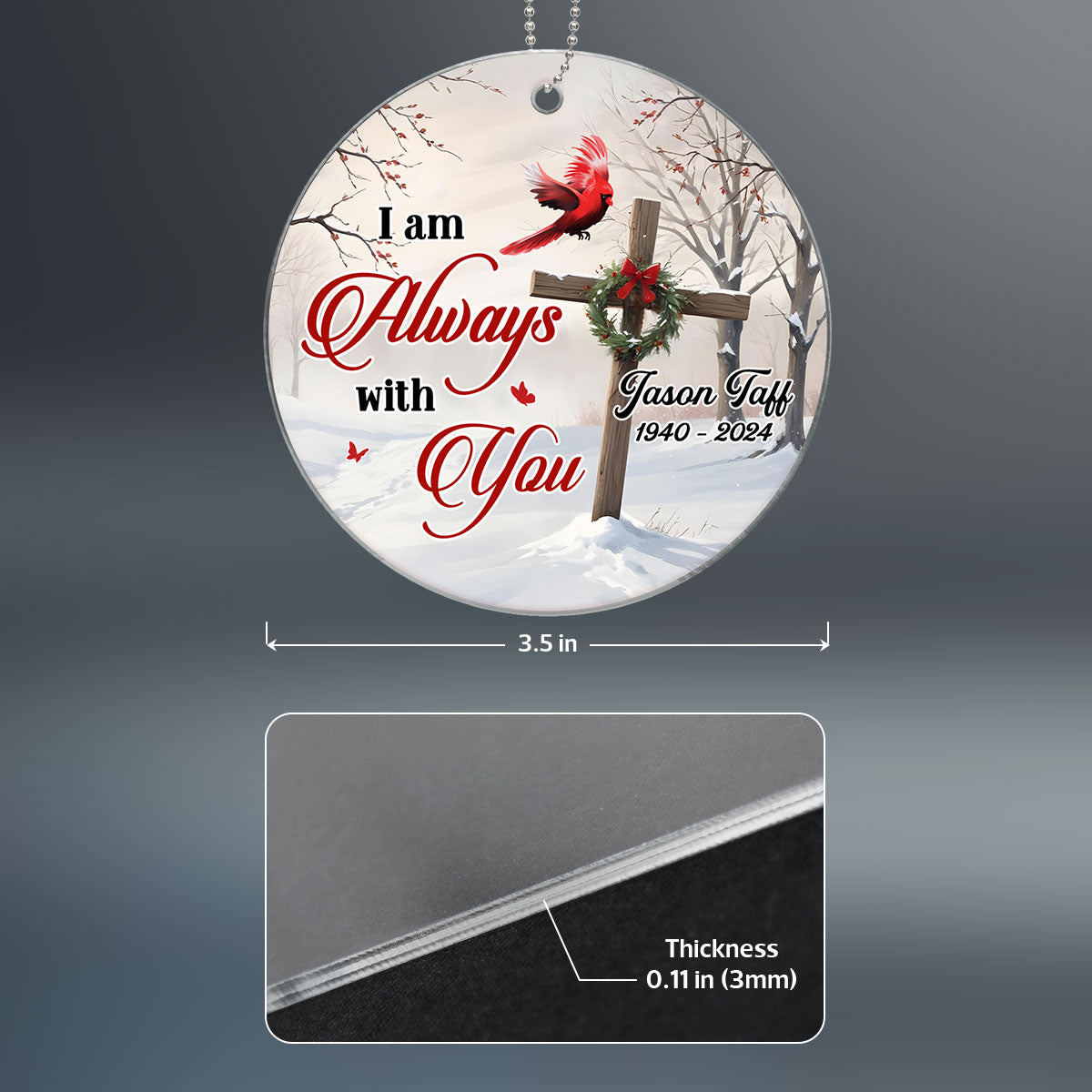Cardinal Cross Christmas Wreath Personalized Acrylic Ornament, Christian, Jesus