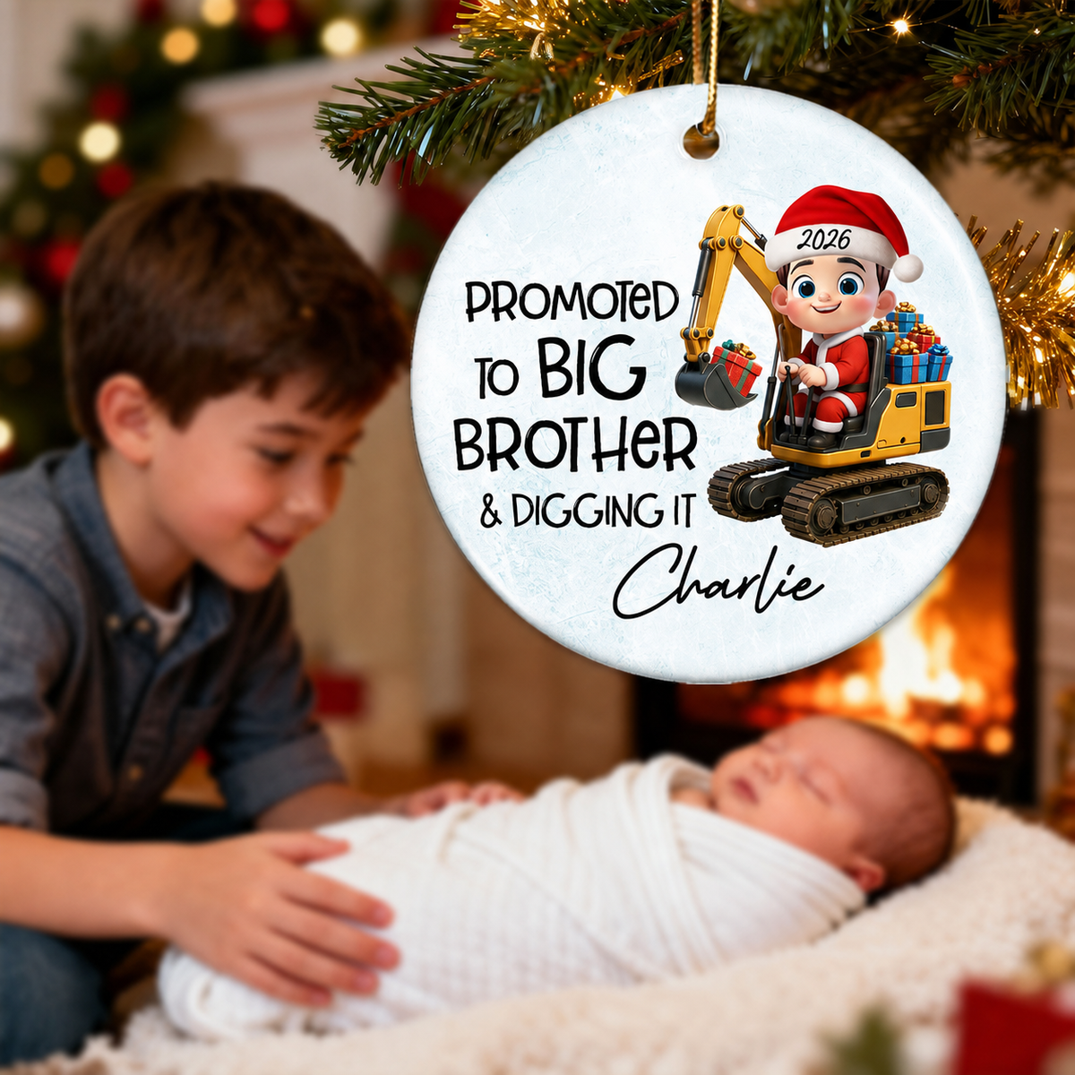 Promoted To Big Brother & Digging It Kid Driving Excavator - Personalized Ceramic Ornament - Proud New Big Brother Gift