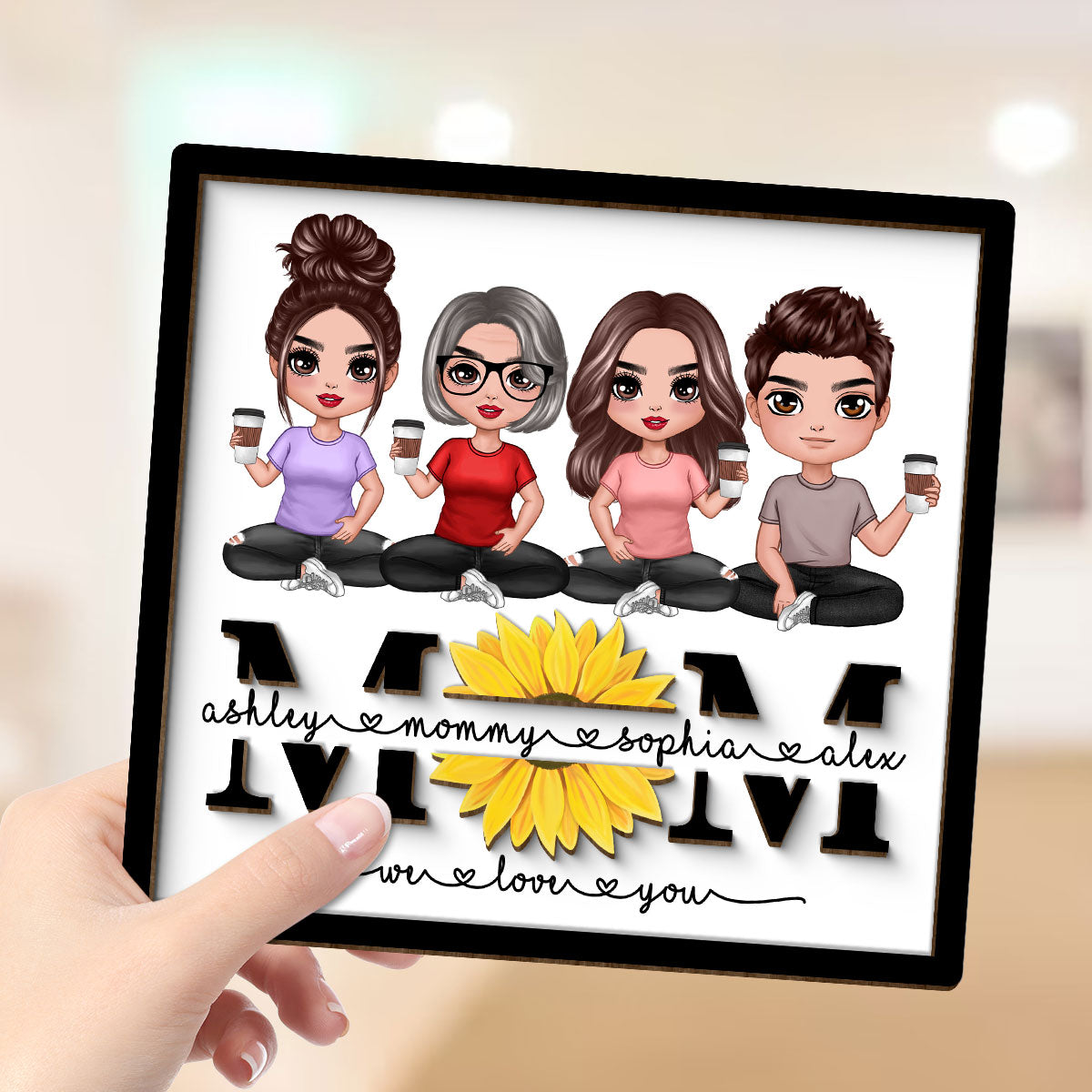 Mom We Love You Sunflower Doll Sitting On Text Personalized 2-layer Wooden Plaque, Gift For Mom
