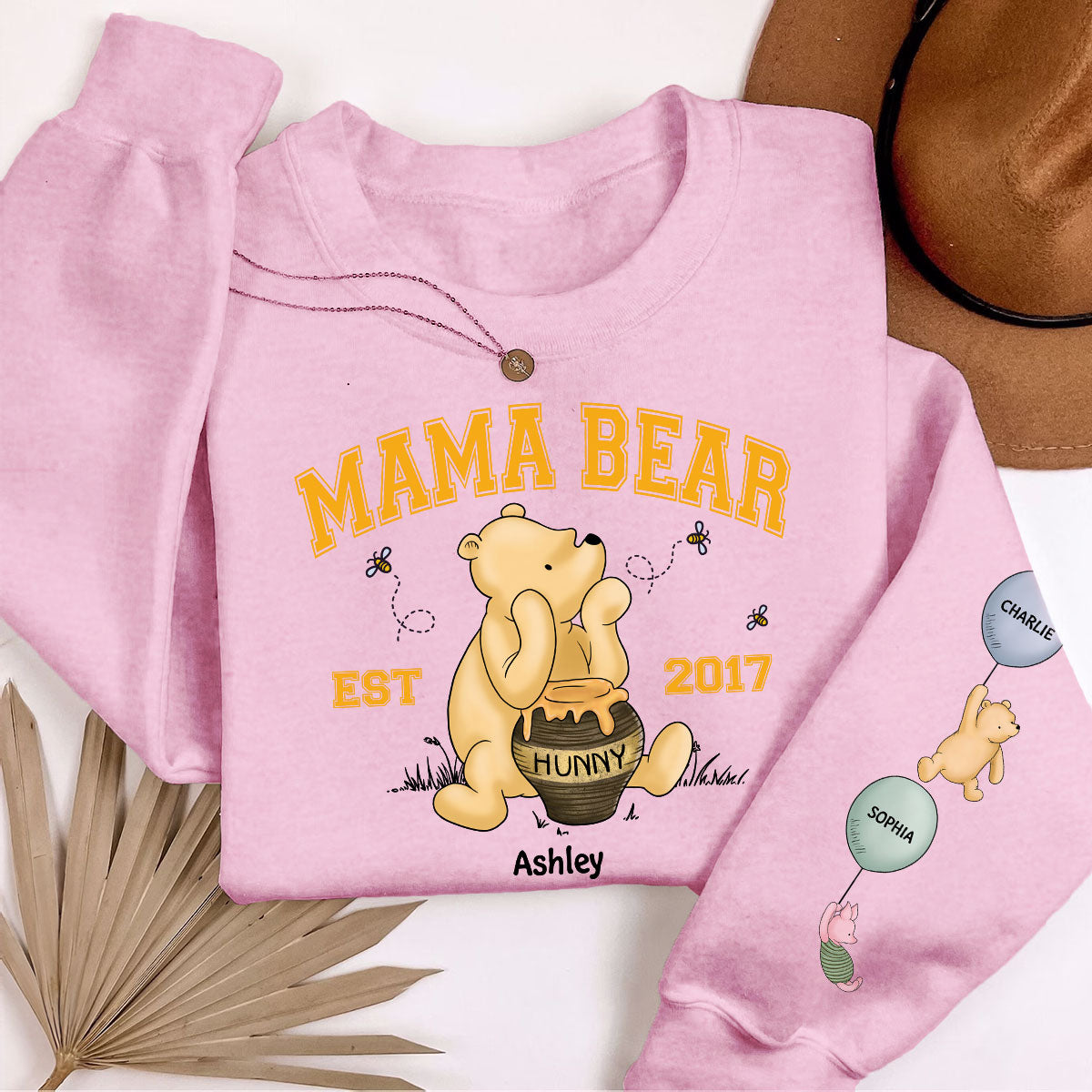 Mama Bear Est. Cute Characters With Balloon Personalized Sleeve Printed Sweatshirt