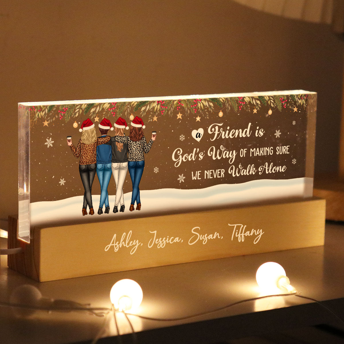 Christmas Friends Standing In Snow Personalized Acrylic Block LED Night Light