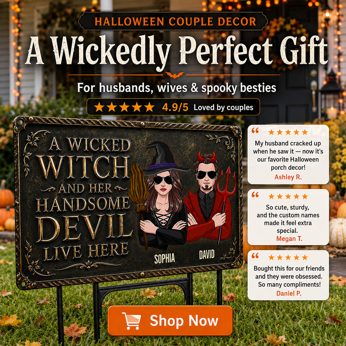 A Wicked Witch and Her Handsome Devil Live Here - Personalized Metal Sign - Halloween Decor for Couples