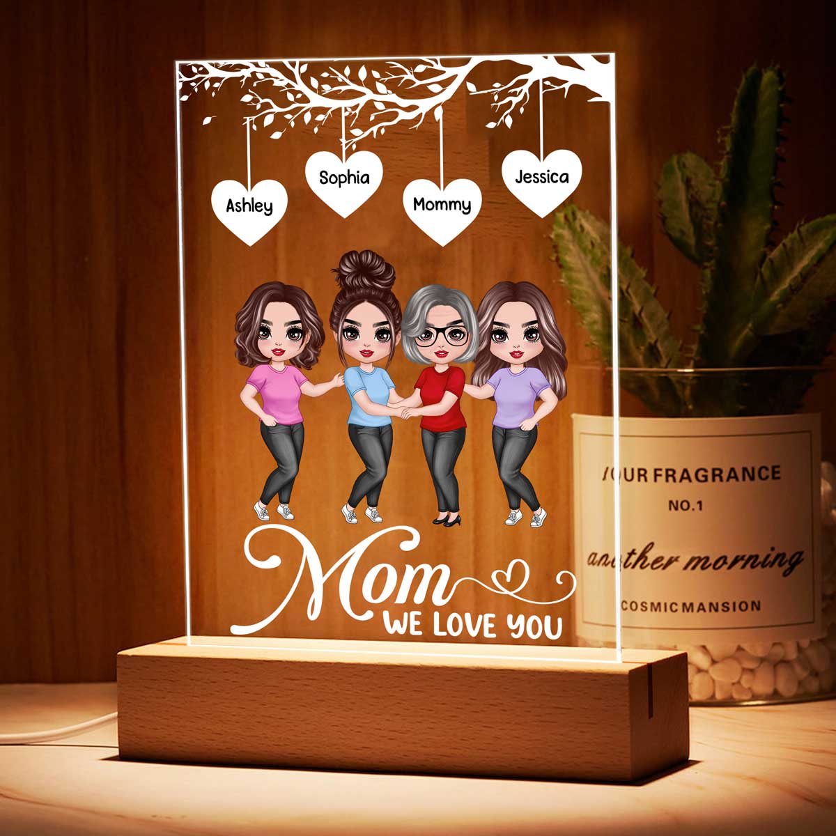 Doll Mother And Daughter Hugging Under Heart Tree Personalized Rectangle Acrylic Plaque LED Night Light