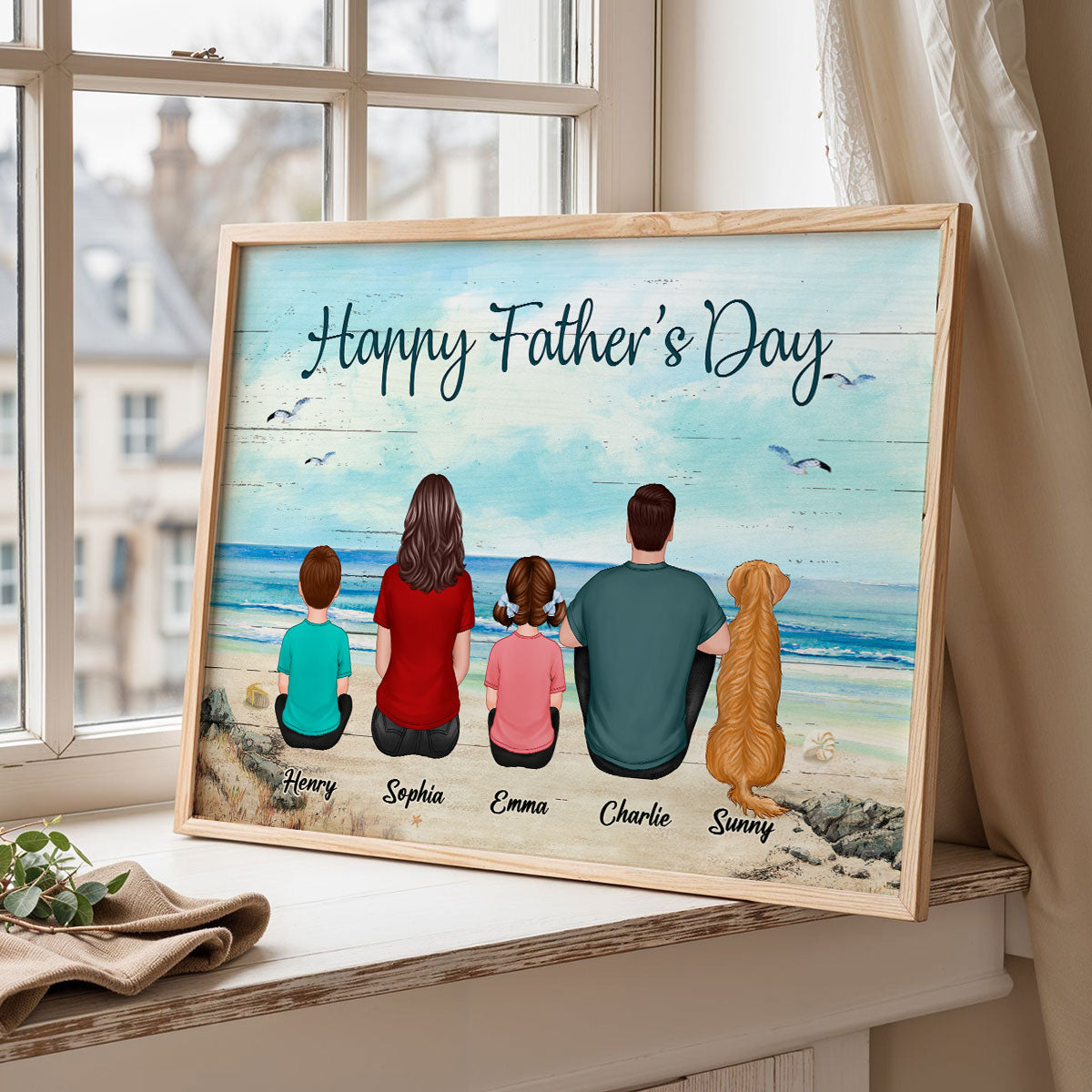 Family Sitting Retro Vintage Beach Landscape - Personalized Poster - Gift For Dad, Husband