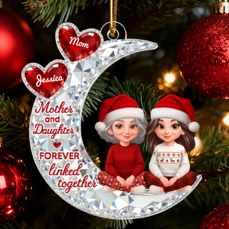 3D Effect Flat Mom And Daughter Son Sitting On Moon - Personalized Acrylic Ornament - Gift For Mom, Daughter, Son