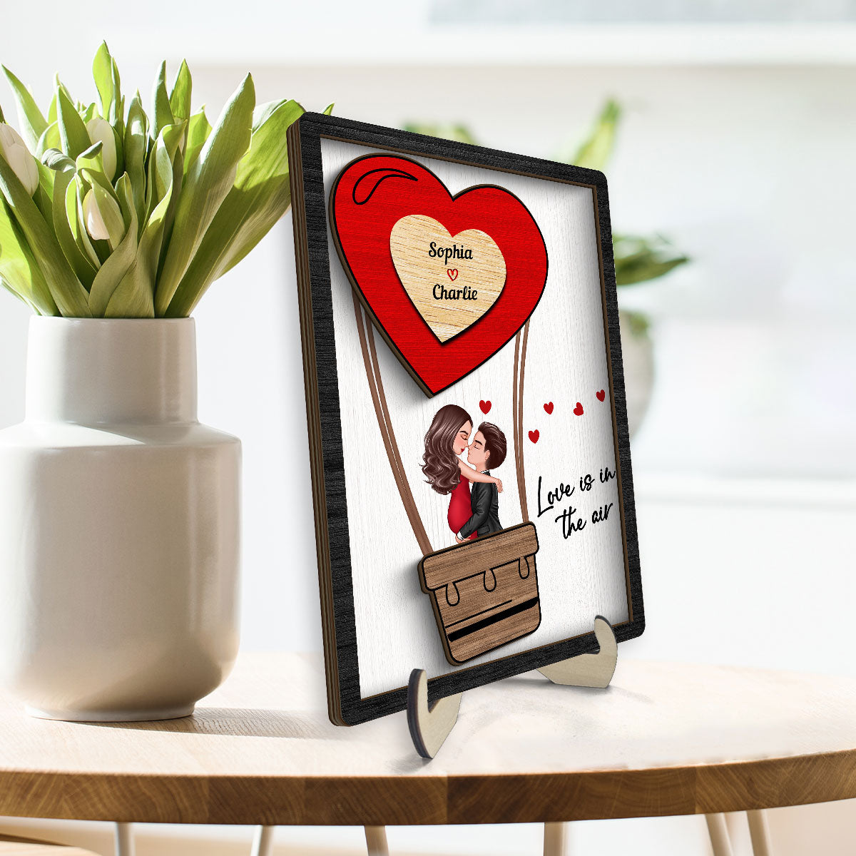Couple Kissing On Air Balloon  Gift Personalized 2-layer Wooden Plaque