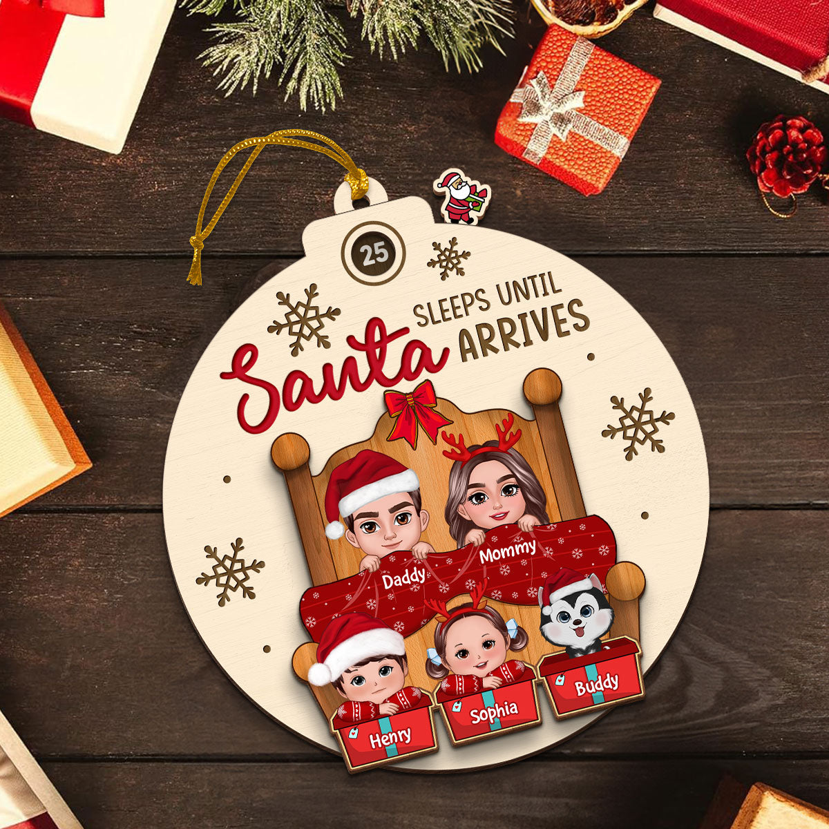 Sleeps Till Santa Arrives Christmas Doll Family Couple Dogs Cats On Bed Personalized Countdown Ornament