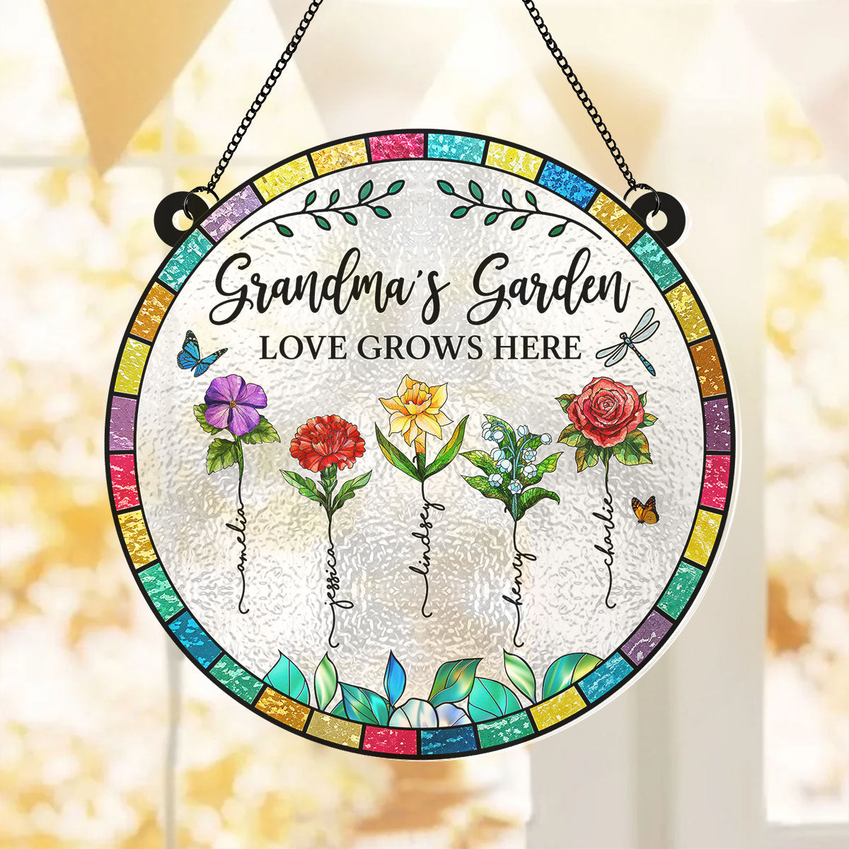 Grandma‘s Garden Love Grows Here Beautiful Birth Month Flowers Personalized Acrylic Suncatcher