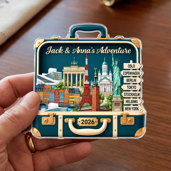 Custom Travel Adventure Suitcase 2D Flat Printed - Personalized Acrylic Fridge Magnet - Traveling Destination Keepsake, Christmas Gift For Traveling Lovers