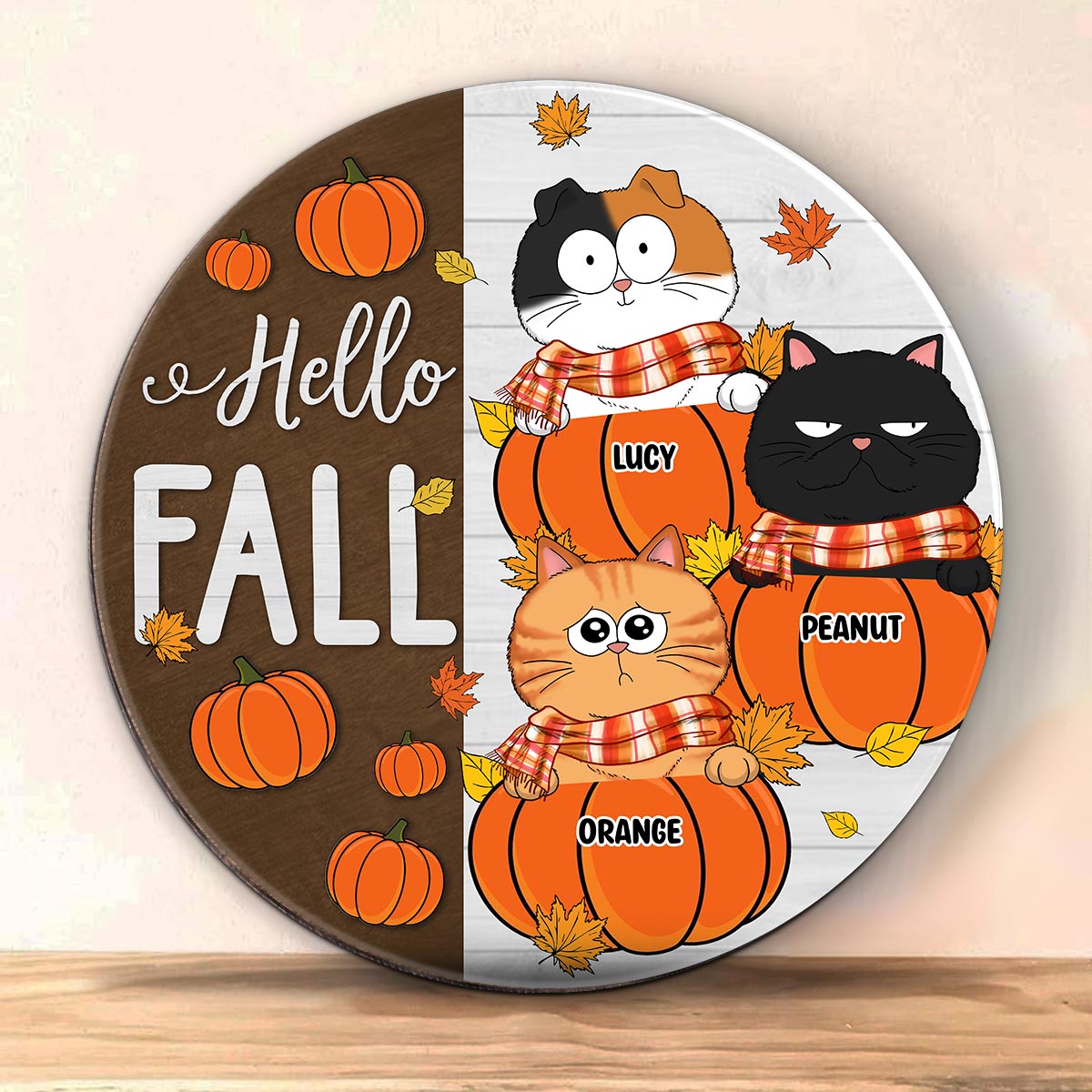 Funny Cats Hello Fall Personalized Wood Sign, Door Hanger, Outside Decor