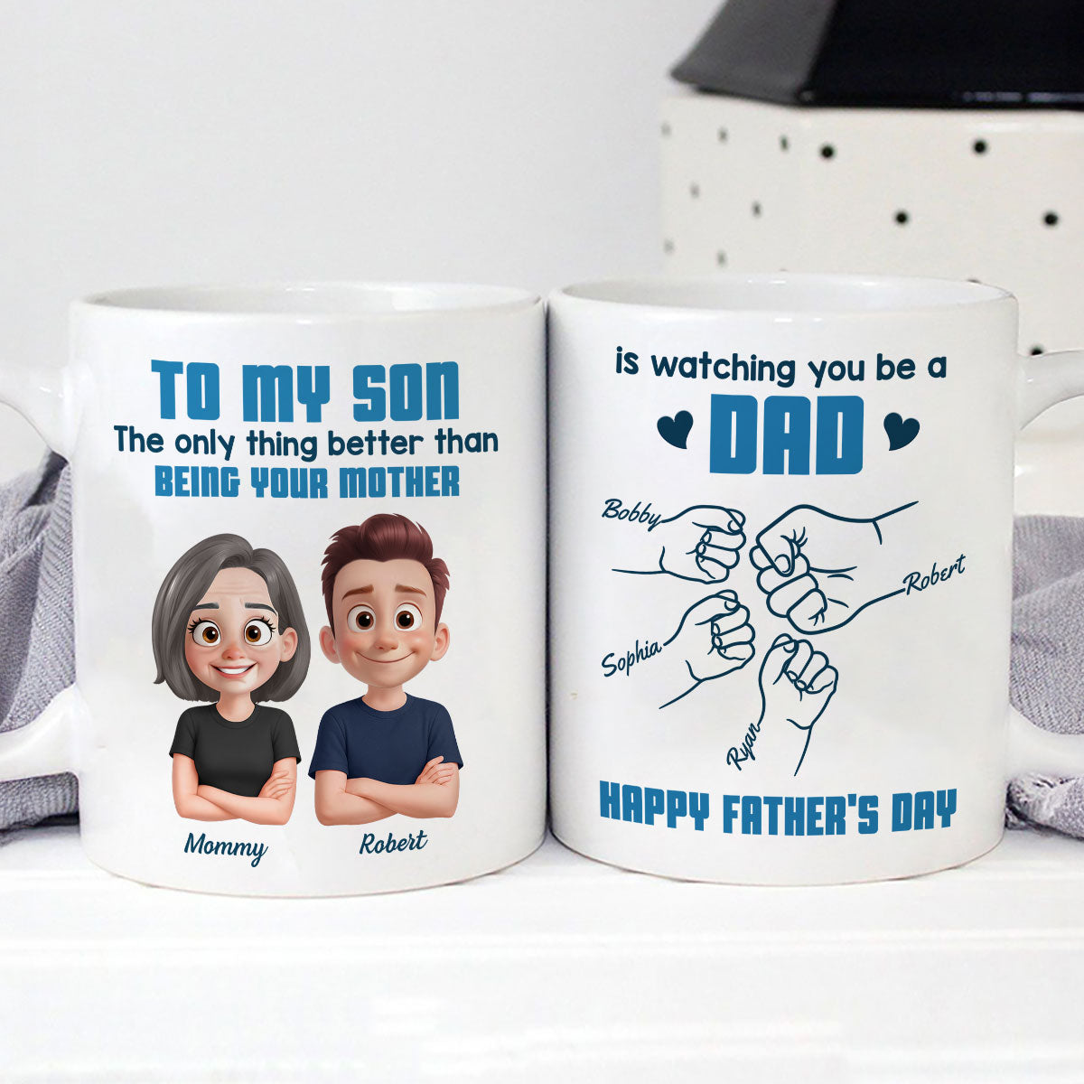 From Mom To Son Watching You Be A Dad Cartoon Style Fist Bump Personalized Mug, Father's Day Gift For Son