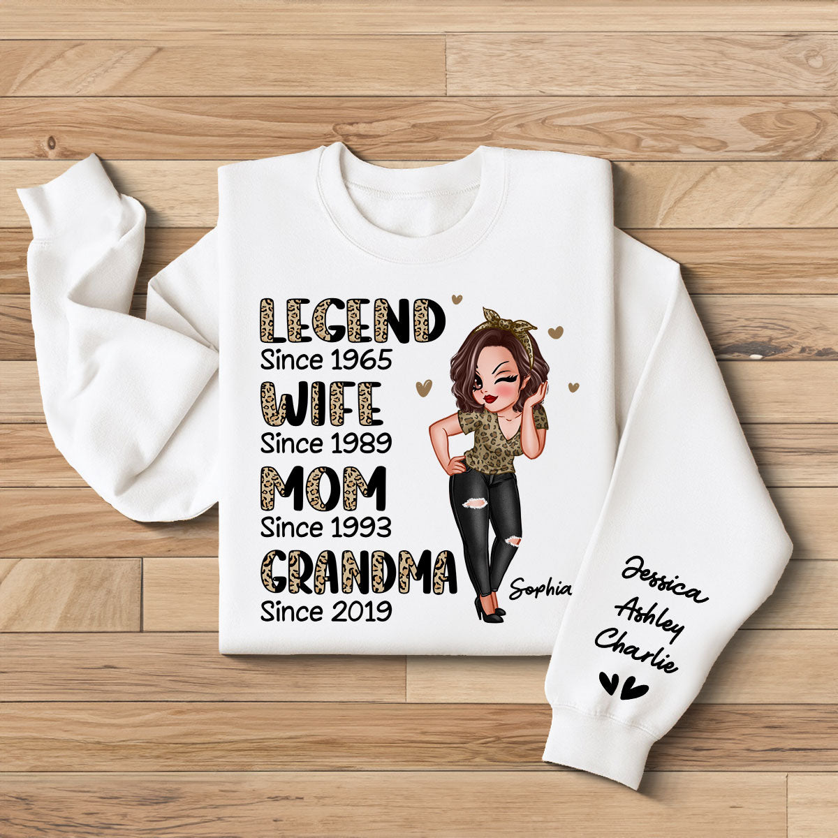 Half Leopard Sassy Legend Wife Mom Grandma Personalized Sleeve Printed Sweatshirt