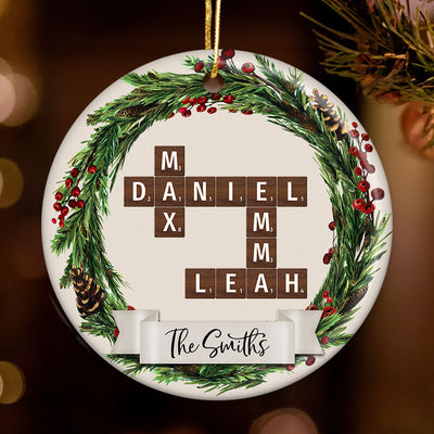 Family Wreath Crossword Puzzle Personalized Ceramic Ornament, Christmas Tree Decor, Christmas Gift for Husband, Wife, Children