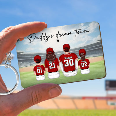Daddy's Team Baseball Family Sitting Personalized Wooden Keychain, Father's Day Gift For Dad, Grandpa, Husband