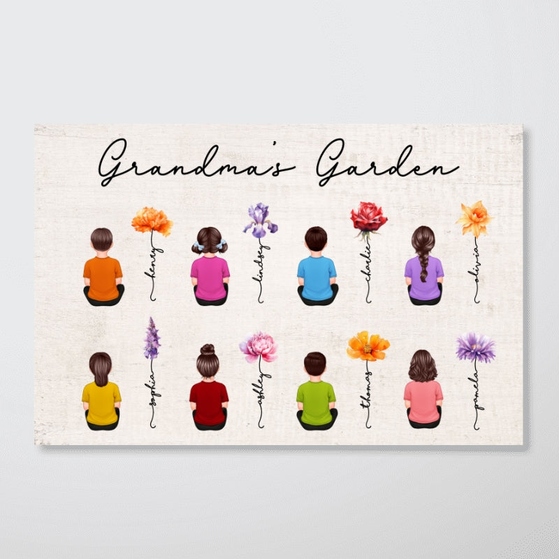 Grandkids Sitting Back View Grandma Garden Beautiful Birth Month Flowers Mother‘s Day Gift Personalized Horizontal Poster