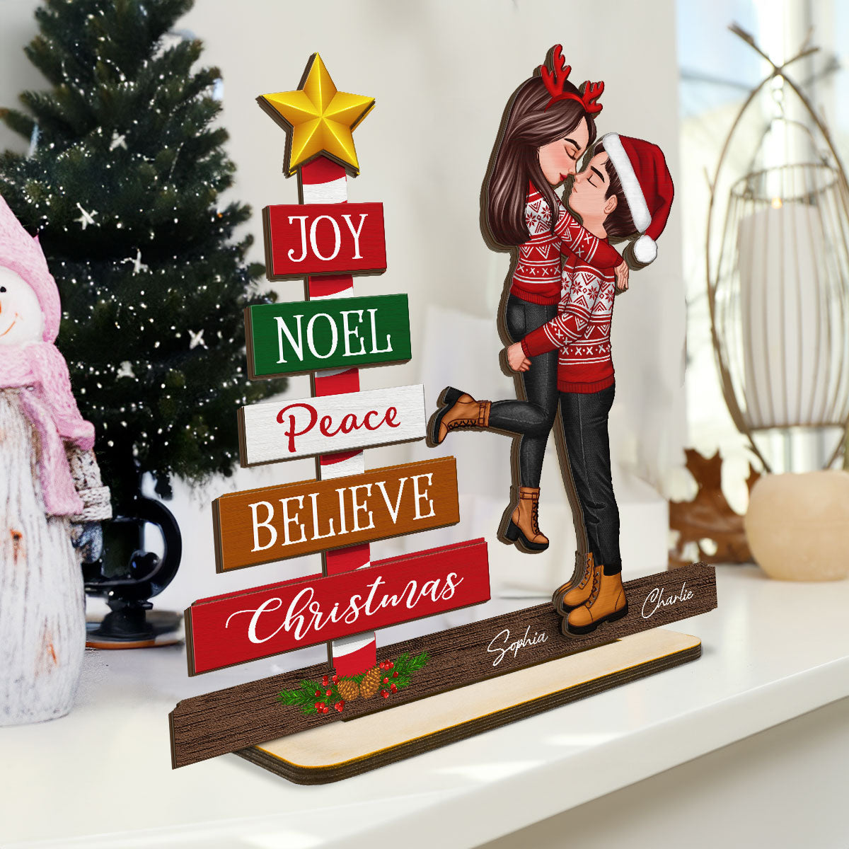 Couple Hugging Kissing Joy Peace Believe Christmas Decor Personalized 2-Layer Standing Wooden Plaque