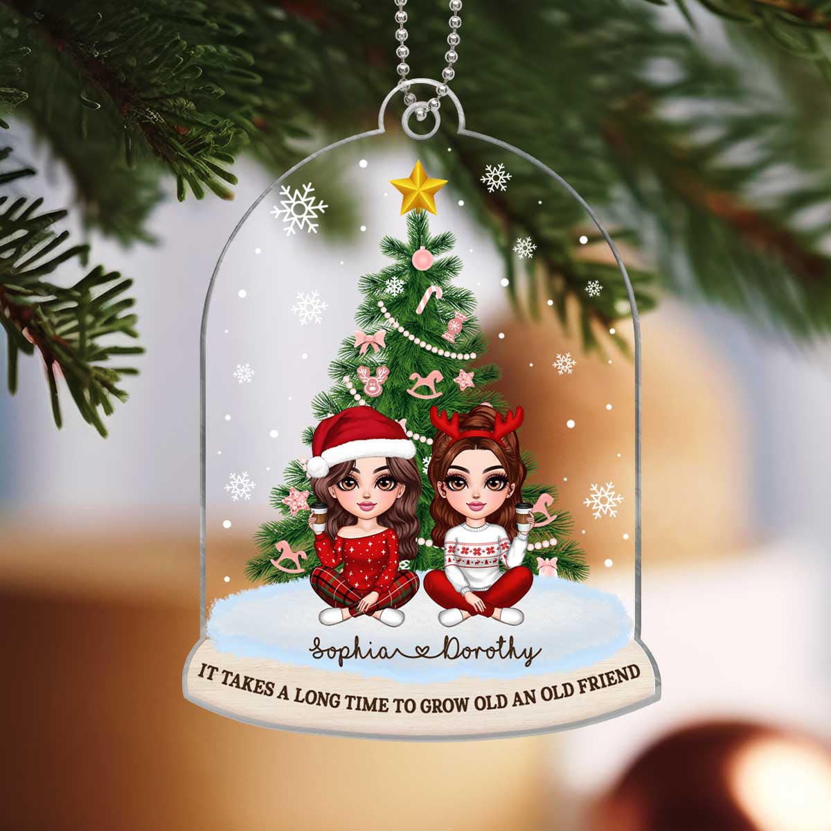 Pretty Besties Sisters Friends Christmas Tree In Dome Shaped Personalized Acrylic Ornament
