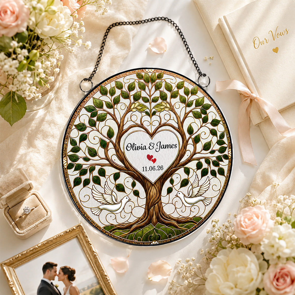 Wedding Tree Of Life With Doves - Personalized Acrylic Window Hanger - Wedding Keepsake, Anniversary Gift For Couples