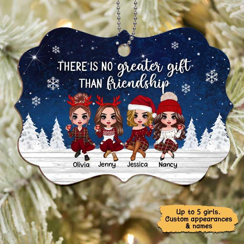 Doll Besties Sisters Sitting At Christmas Night Personalized Wooden Ornament