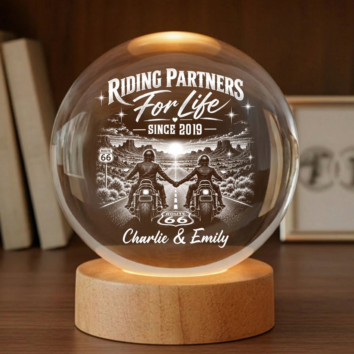 Biker Couple Riding Partners For Life - Personalized Crystal Ball LED Night Light - Christmas Gift For Biker Couple, For Him, For Her, For Husband, For Wife