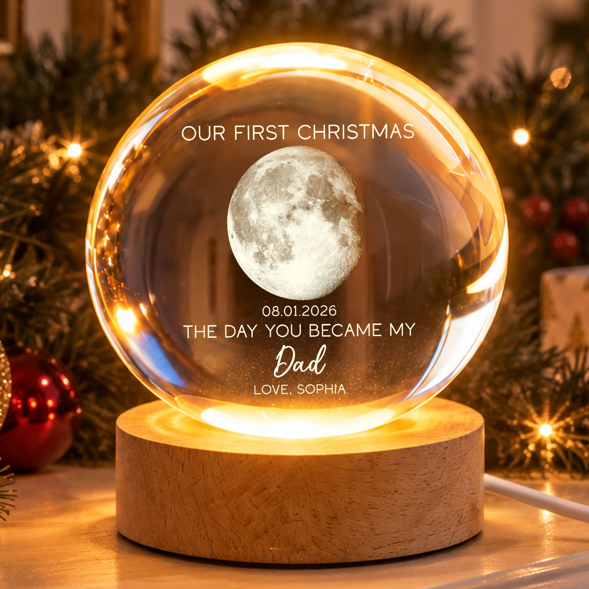 The Day You Became My Mom Dad Custom Moon Phase First Christmas - Personalized Crystal Ball LED Night Light - Christmas Gift For New Mom, New Dad, New Parents