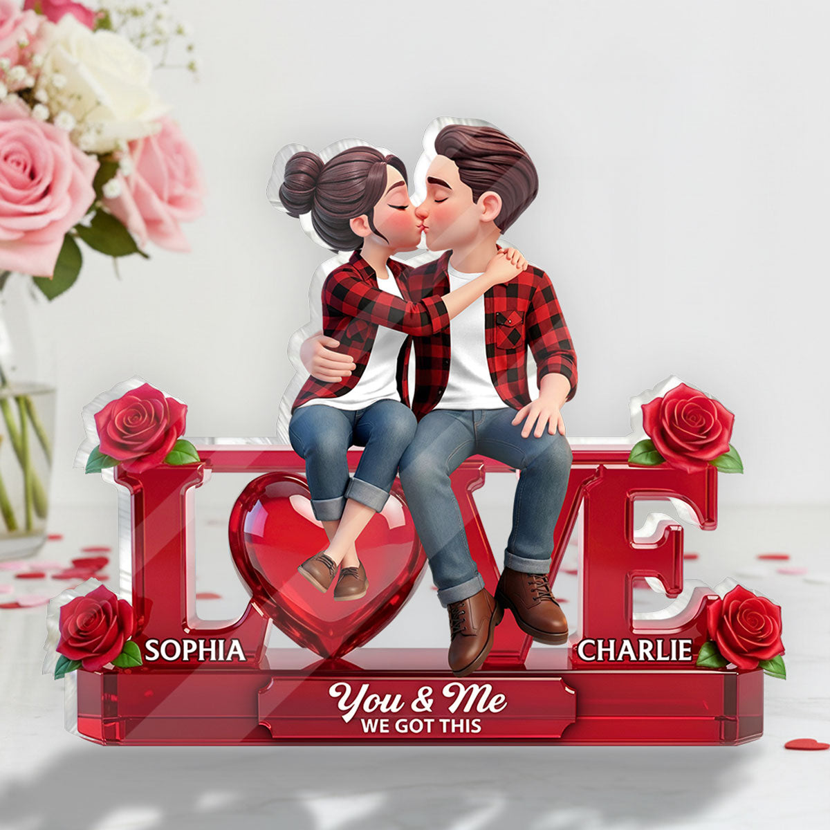 Roses LOVE Couple Sitting Kissing - Personalized Acrylic Block Plaque - Valentine's Day Gift For Couple, For Him, For Her