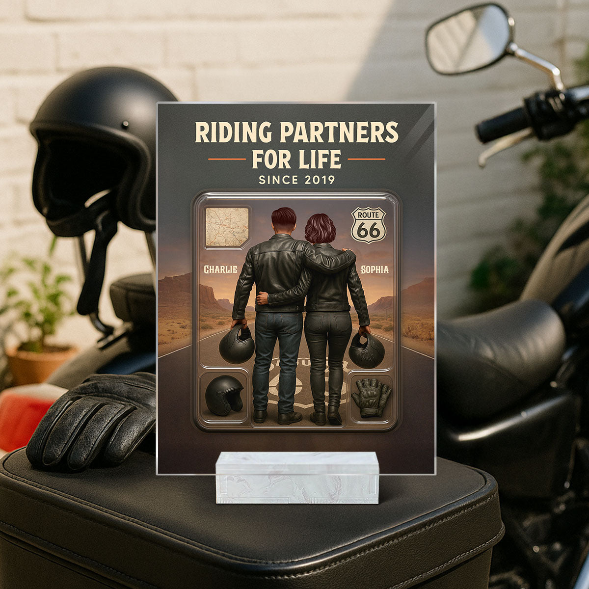 3D Effect Custom Figure Couple Bikers Riding Partners For Life Personalized Acrylic Plaque