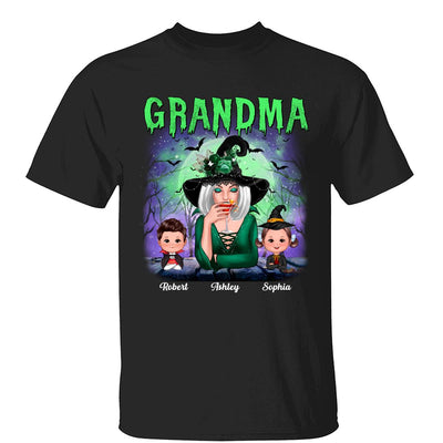 Halloween Neon Green And Purple Grandma With Grandkids Personalized Shirt