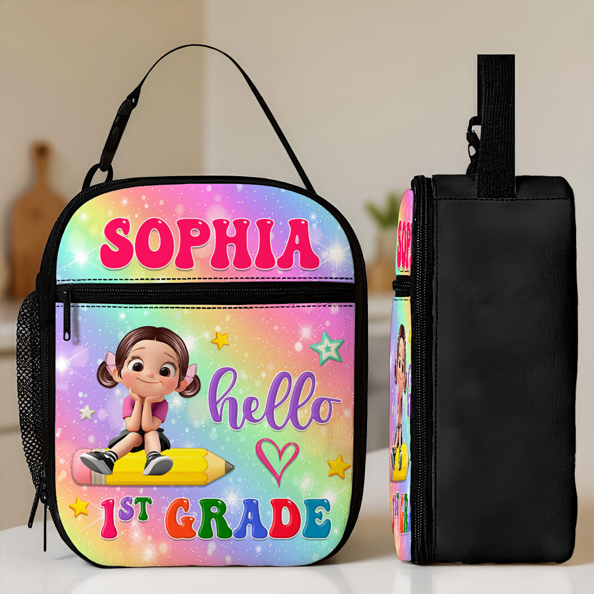 Kid Sitting On Pencil Personalized Insulated Kid Lunch Bag, Back To School gift