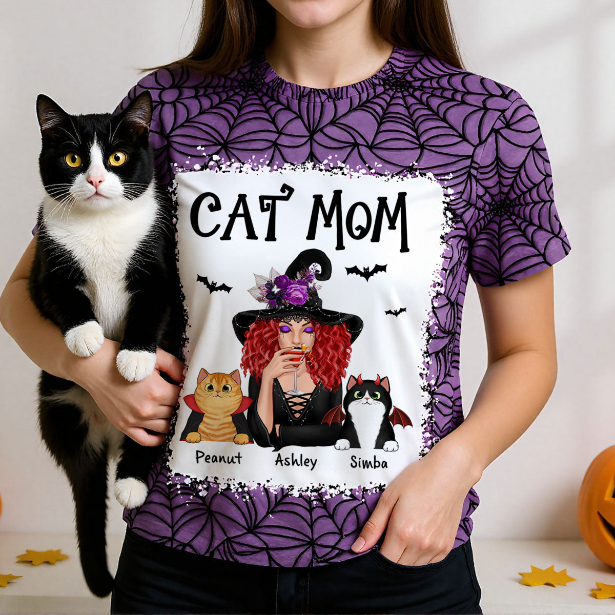 Halloween Spider Web Witch Cat Mom Personalized Shirt, Spooky Halloween Costume For Cat Lovers