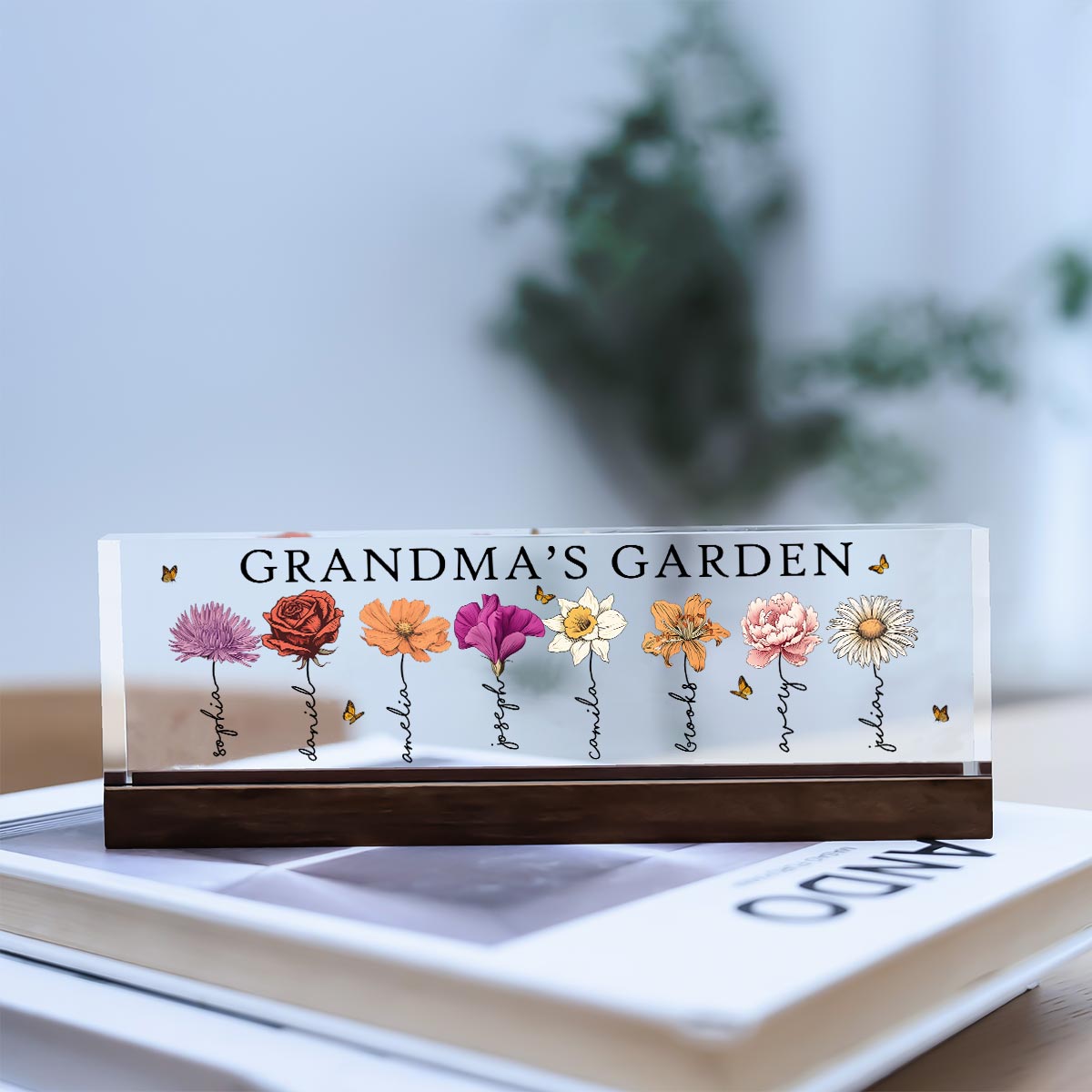 Grandma‘s Garden Love Grows Here Birth Month Flower Personalized Acrylic Desk Name Plate, Gift For Grandma, Mom