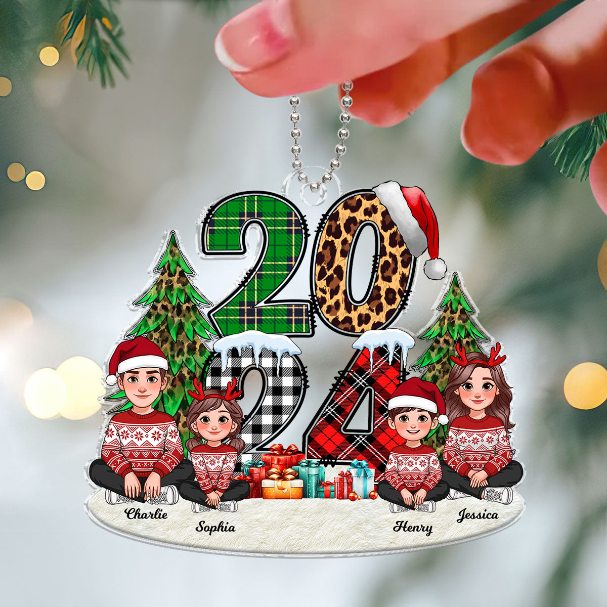 Christmas Animated Family Sitting 2024 Stacked Pattern Personalized Acrylic Ornament
