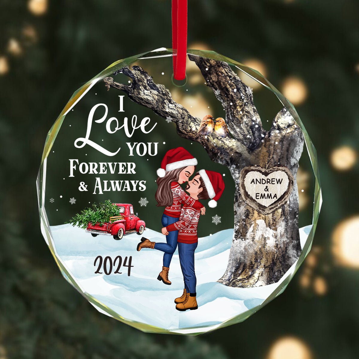 Couple Hugging Kissing Carved Heart Tree Personalized Glass Ornament, Christmas Gift For Him, For Her