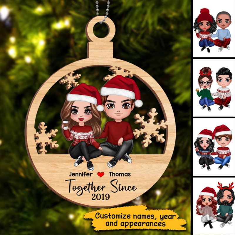 Couple Sitting Christmas Bauble Personalized Wooden Ornament