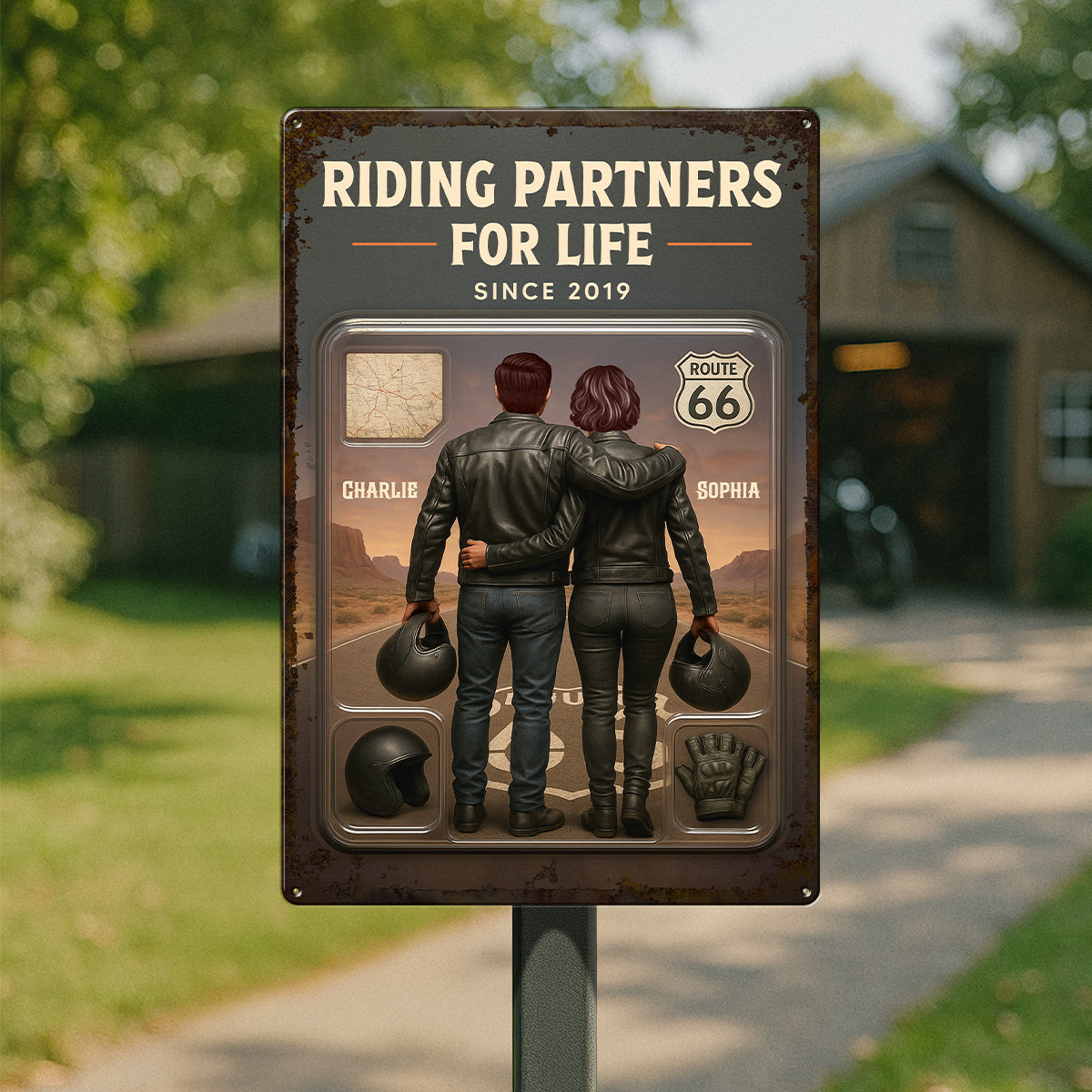 3D Effect Custom Figure Couple Bikers Riding Partners For Life Personalized Metal Sign