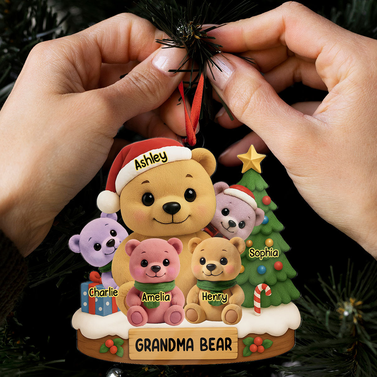 Grandma Bear Sitting with Grandkids Personalized Acrylic Ornament, Christmas Gift for Grandma