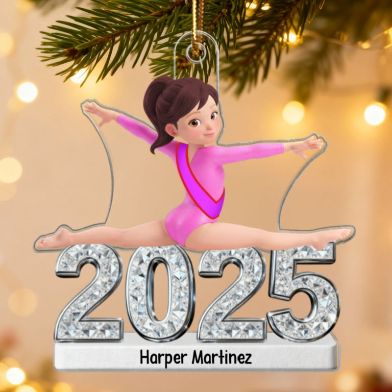 3D Effect Gymnastic Girl Front Split Pose With Year - Personalized Acrylic Ornament - Gymnast Gift For Daughter, Granddaughter