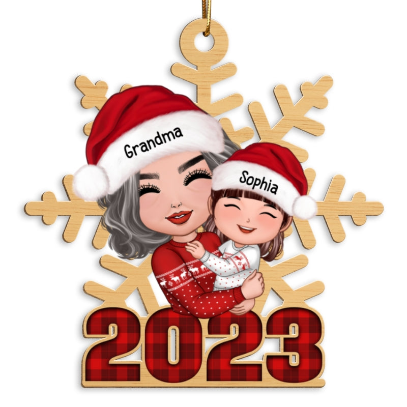 Doll Grandma Hugging Grandkid Snowflake Checkered 2023 Personalized Wooden Ornament