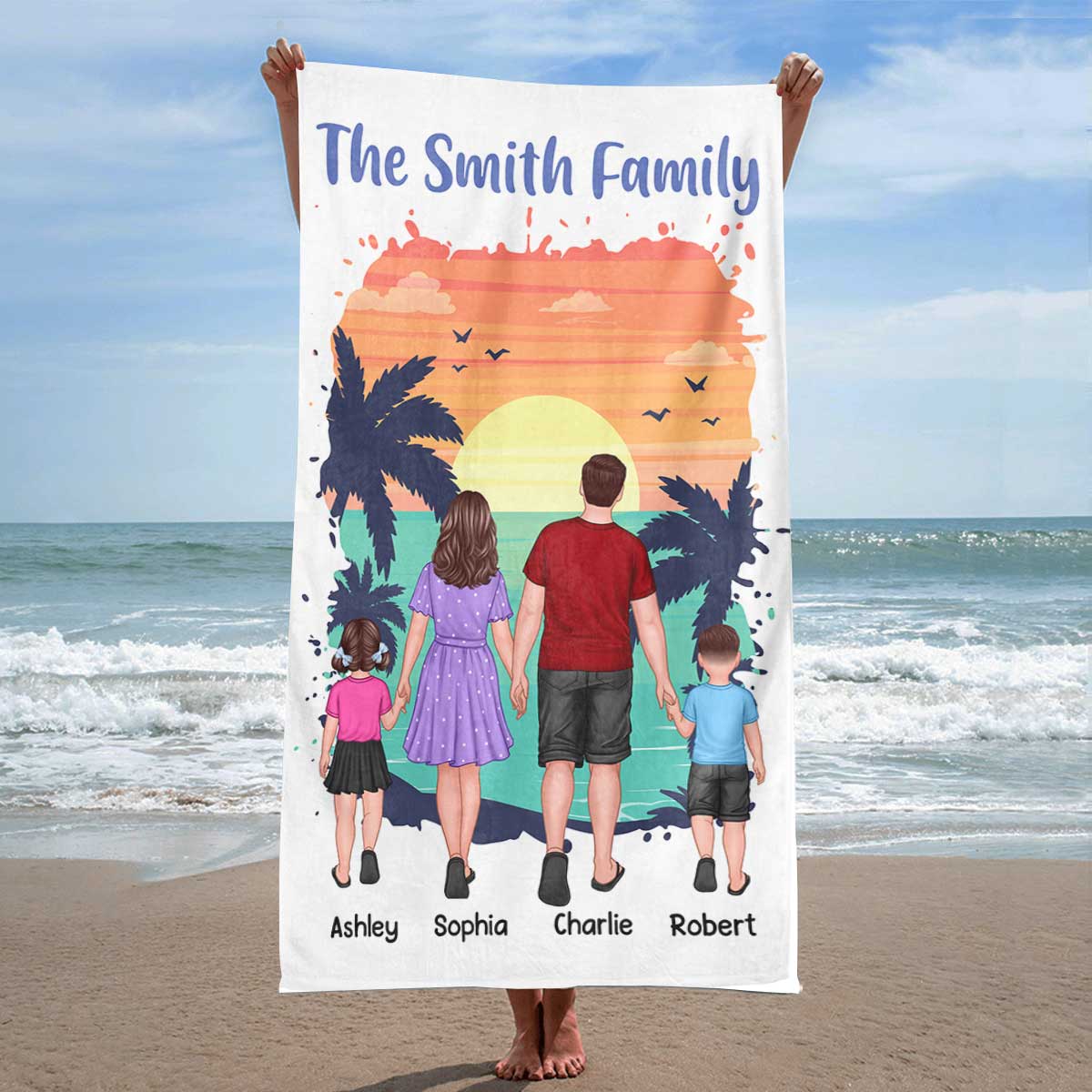 Family Standing Back View Summber Personalized Beach Towel